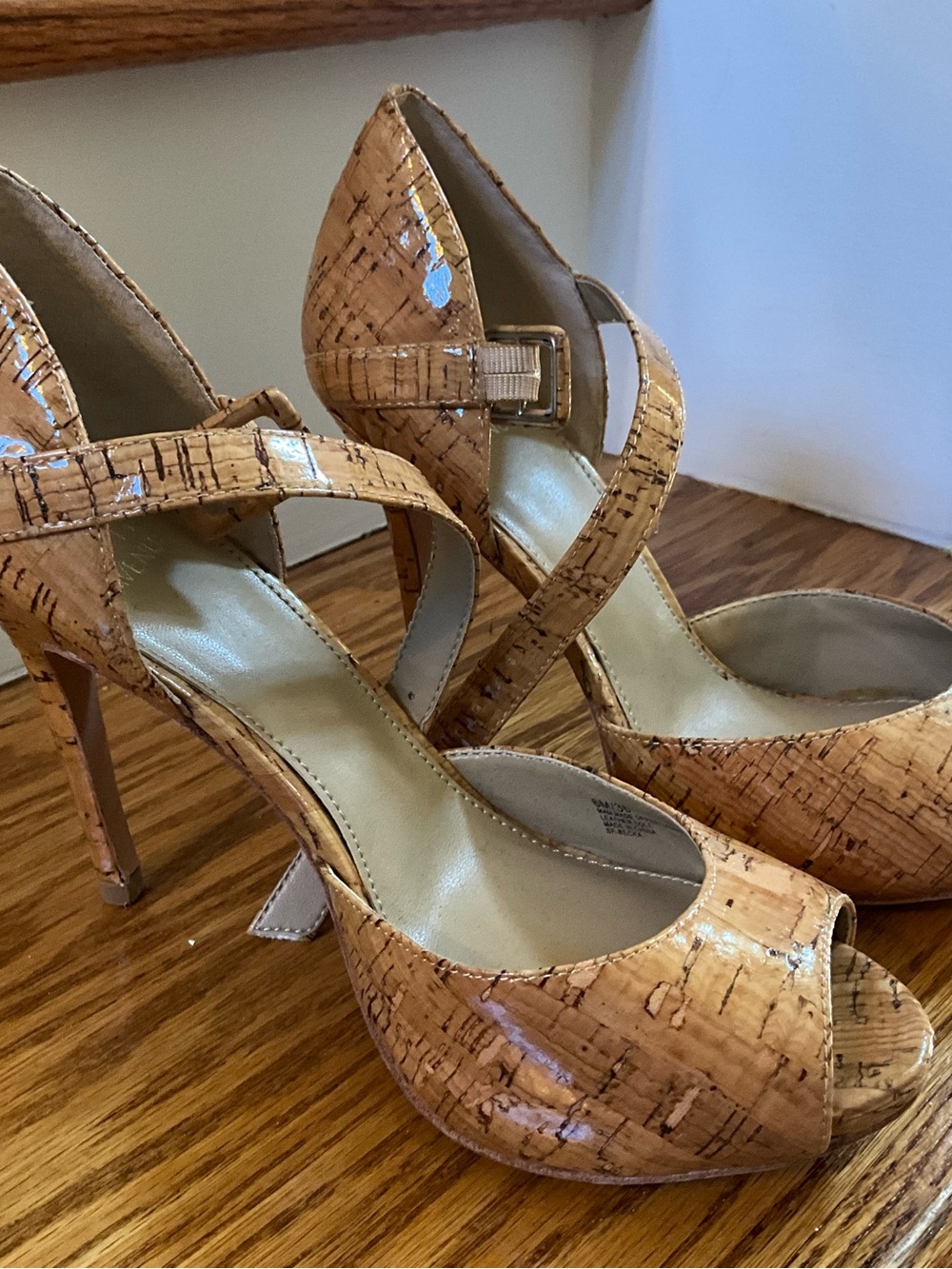 Saks Fifth Avenue Cork-Texture Peep Toe Mary Jane Heels in Tan